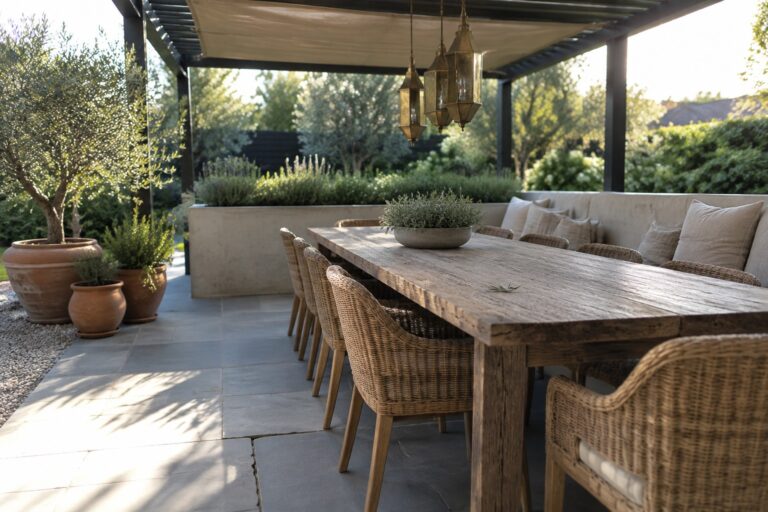 17 Elegant Backyard Patio Designs Featuring Dedicated Outdoor Dining Areas A long wooden dining table with woven chairs and a concrete bench with cushions sits under a dark pergola with hanging lanterns in an outdoor garden patio.