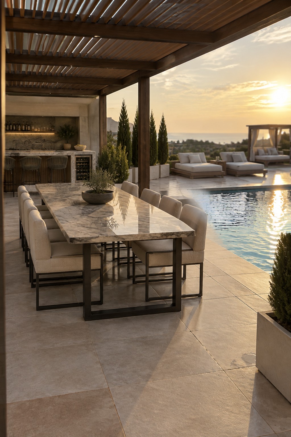 Luxurious marble dining table under wooden pergola beside pool at sunset