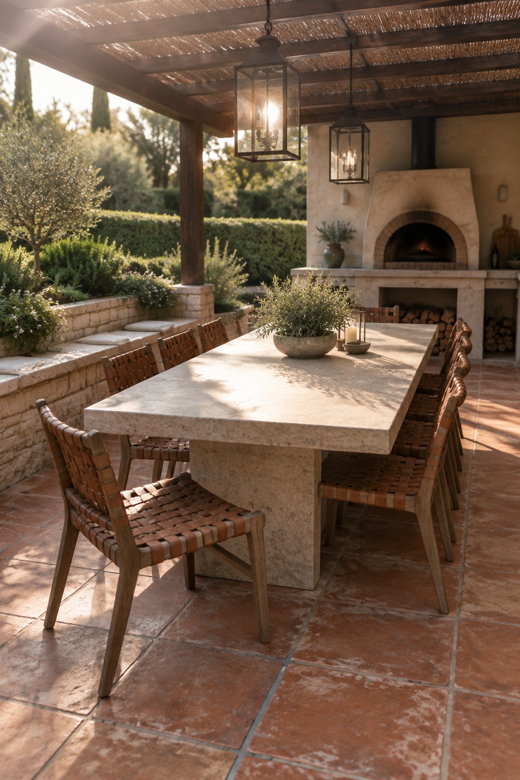 A long rectangular stone dining table with woven leather strap chairs is positioned on a terracotta tile patio beneath a wooden pergola, with an outdoor stone fireplace visible in the background.