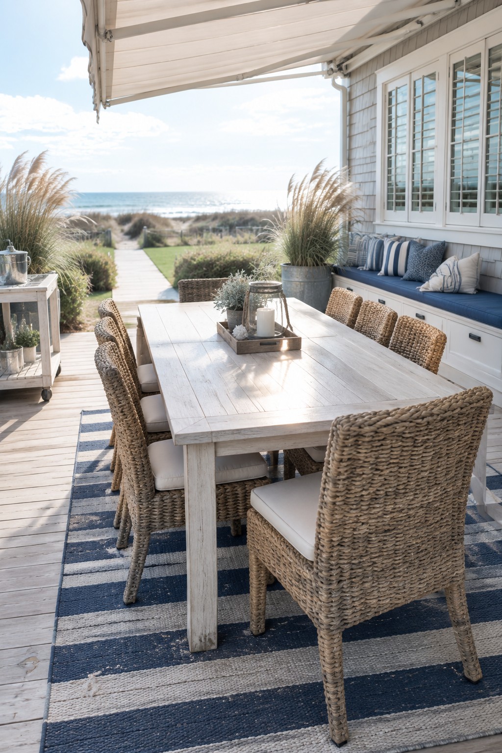 A long wooden dining table with woven chairs arranged on a blue and white striped rug sits on a wooden deck patio overlooking the ocean.