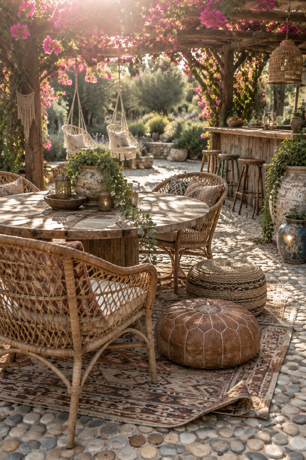 A round wooden dining table with wicker chairs and brown leather poufs arranged on patterned rugs under a wooden pergola covered in pink flowers, with a bar area visible in the background.