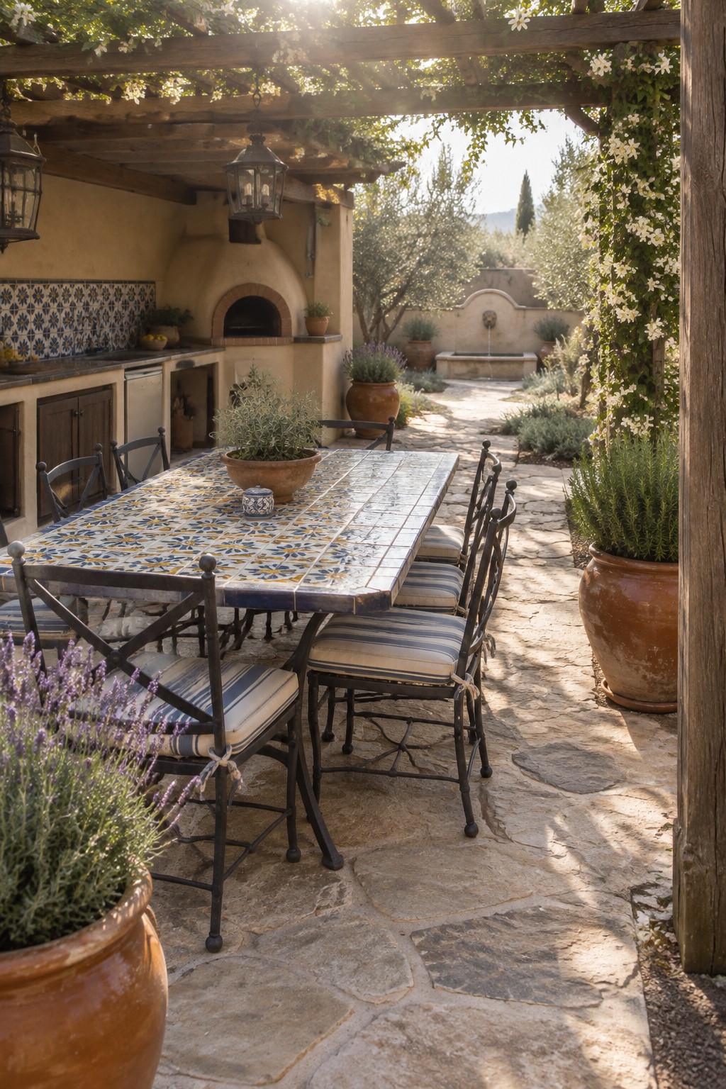 Rustic stone patio with colorful tiled table, black chairs, and terracotta pots under pergola
