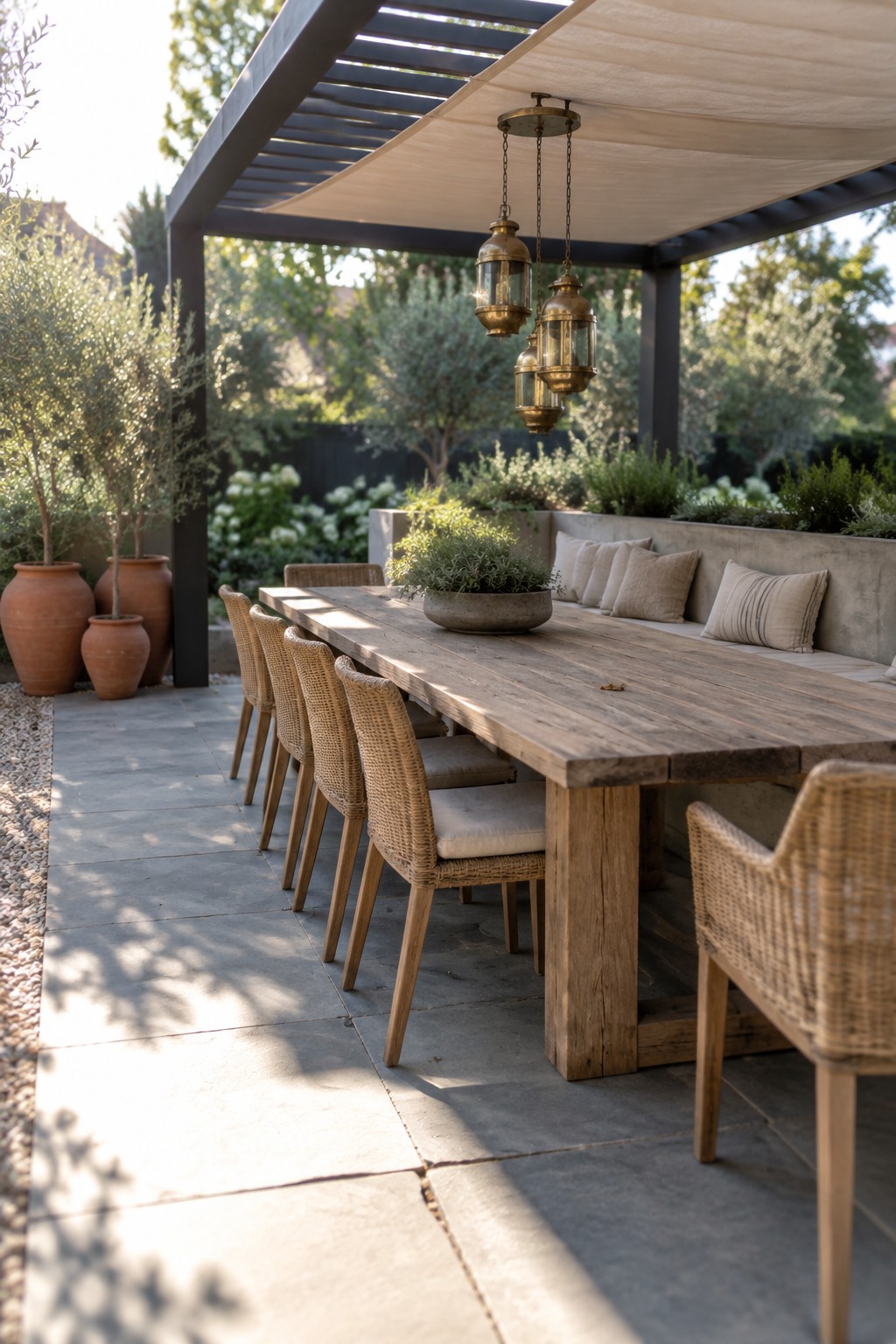 A long wooden dining table with woven chairs and a concrete bench with cushions sits under a dark pergola with hanging lanterns in an outdoor garden patio.
