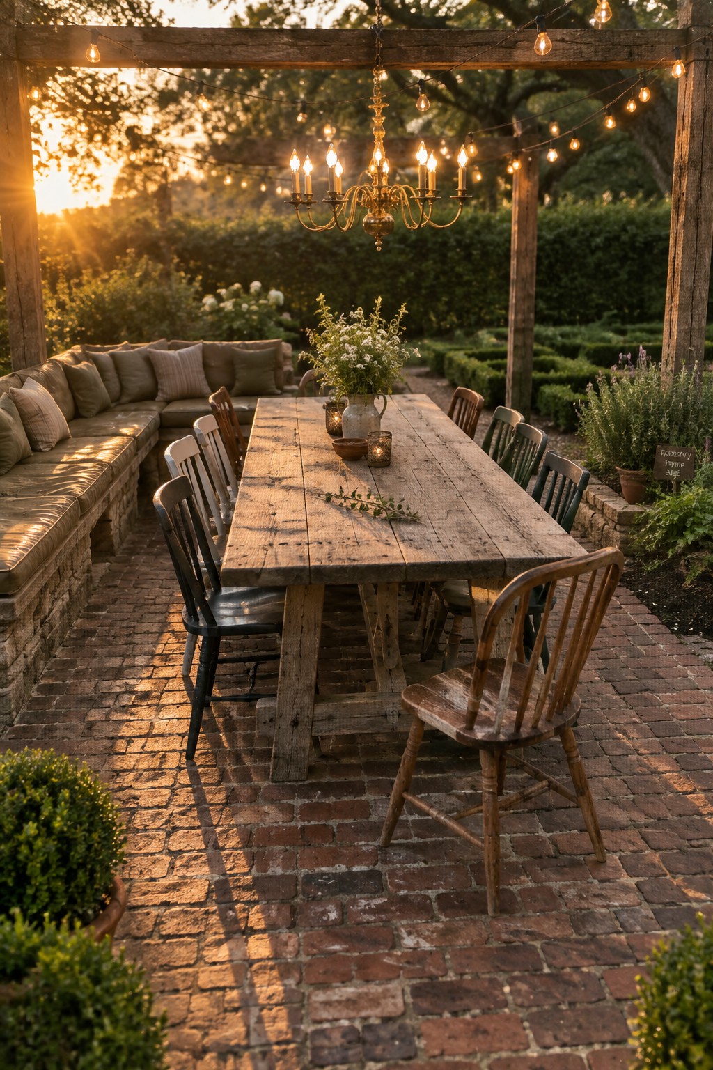 A long wooden dining table with mixed chairs sits under a wooden pergola strung with lights and a chandelier on a brick patio next to garden beds.