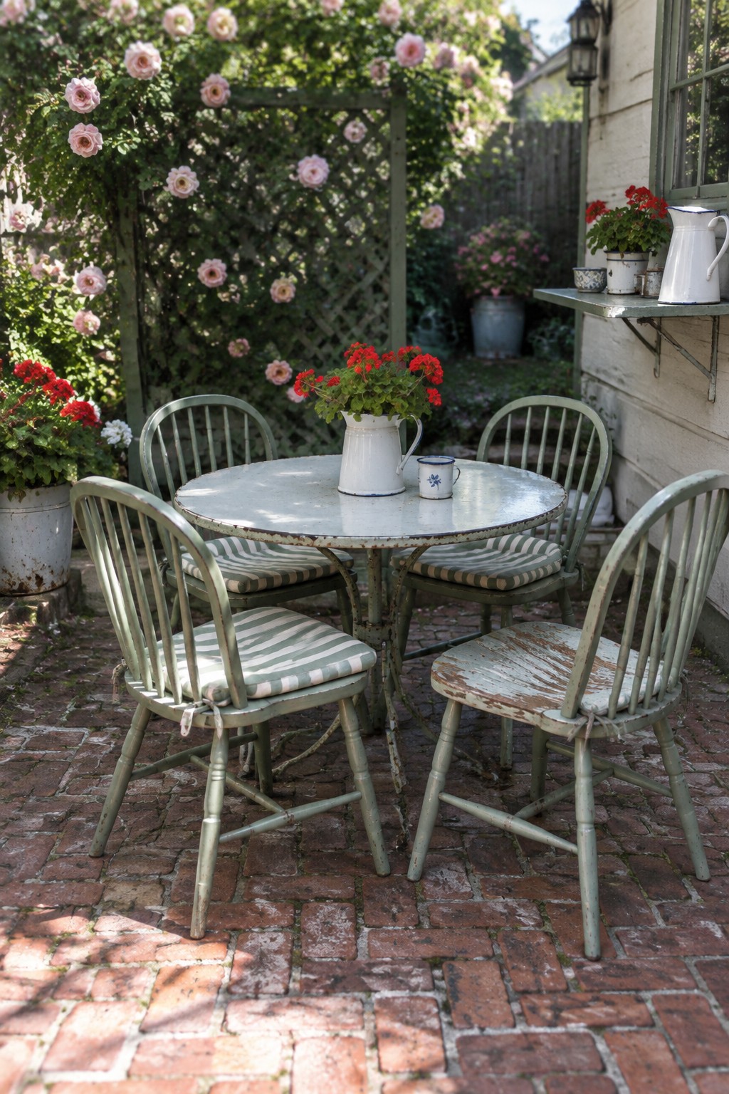 A round metal table with four green wooden chairs arranged on a brick patio, with red flowers in a white pitcher and climbing roses on a trellis in the background.