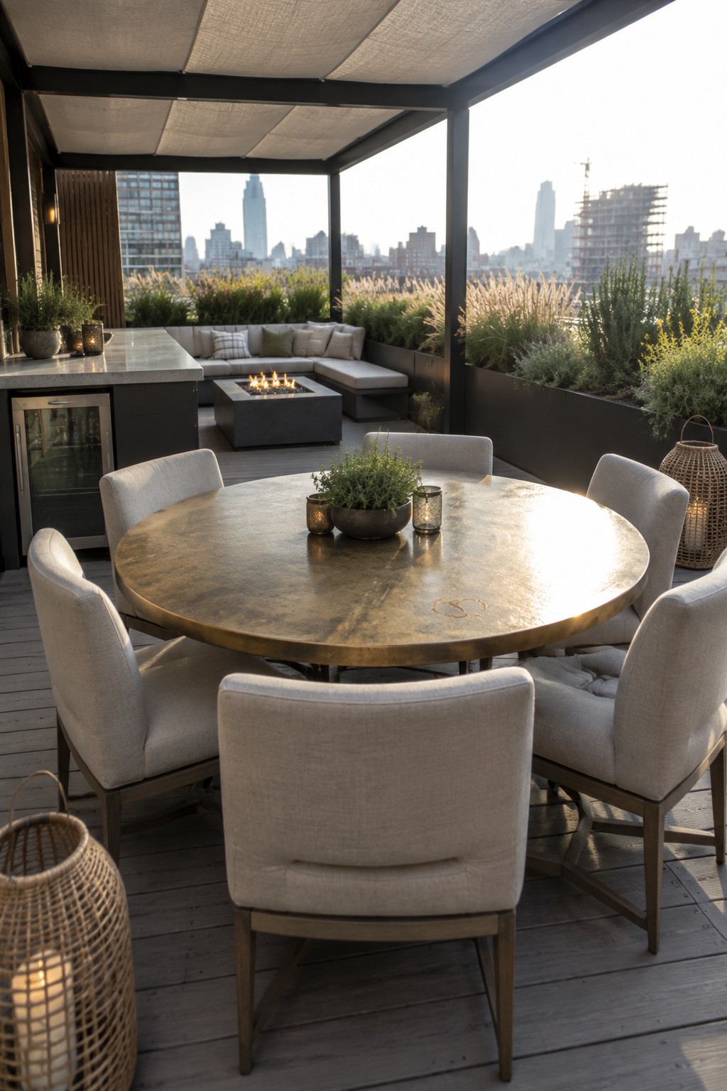Round bronze table with beige chairs on rooftop terrace overlooking city skyline