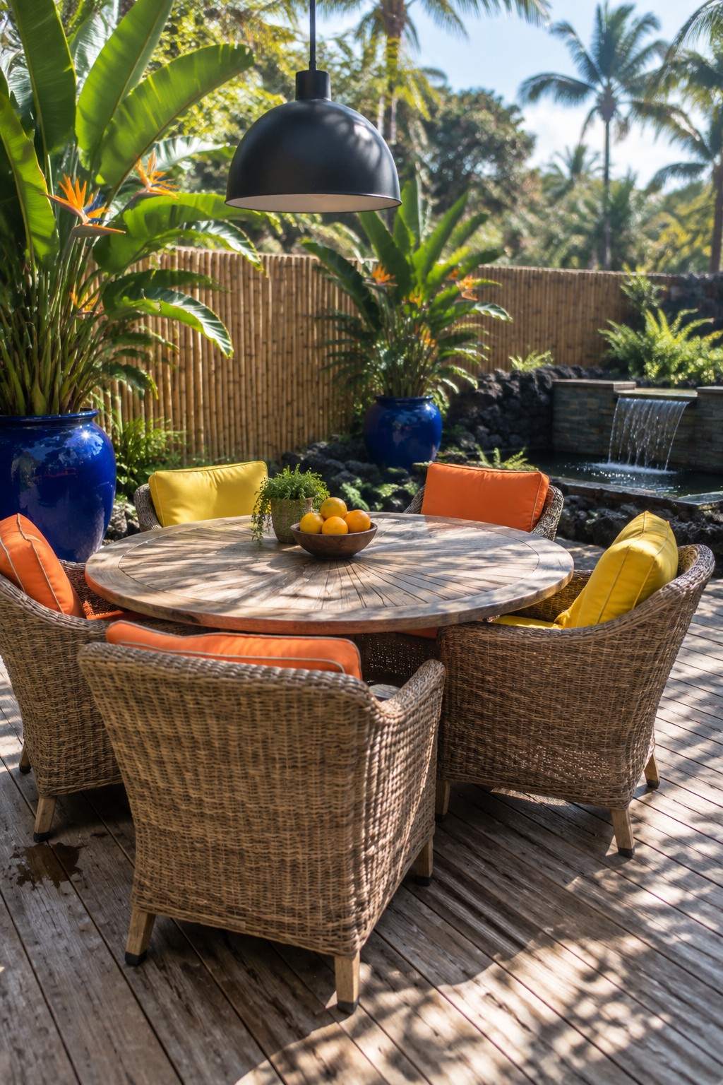 A round wooden dining table surrounded by four wicker armchairs with orange and yellow cushions on a wooden deck, with tropical plants, blue ceramic pots, a bamboo fence, and a black pendant light overhead.