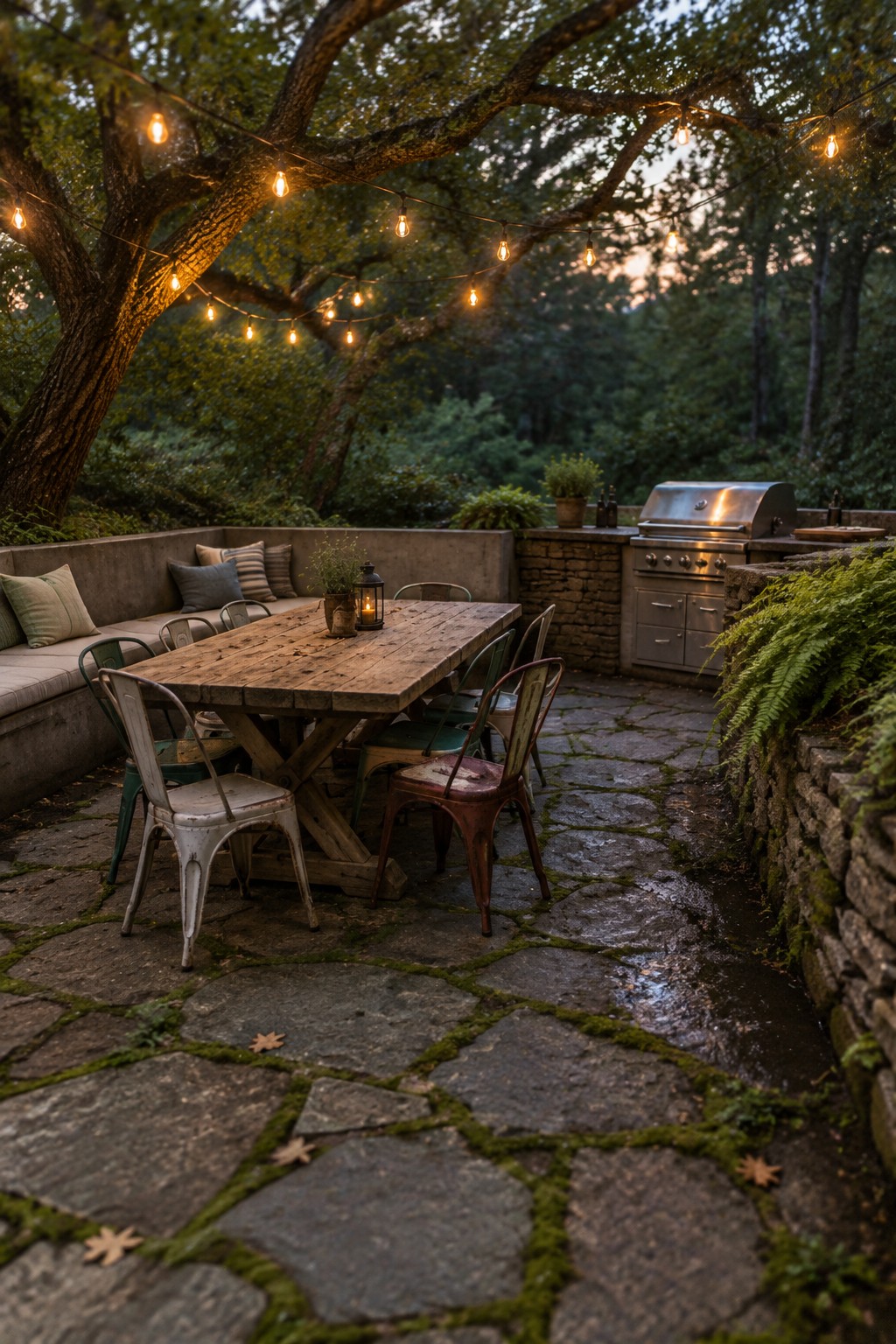 A long rustic wooden dining table with mismatched metal chairs sits on a moss-covered stone patio beneath string lights hung from tree branches, with a built-in outdoor kitchen visible in the background.