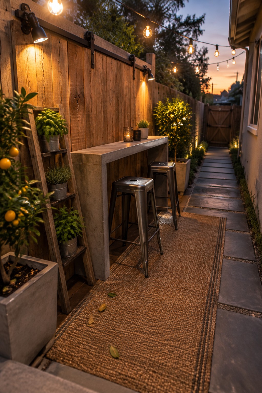 Outdoor bar with metal stools, concrete counter, potted plants, string lights at dusk
