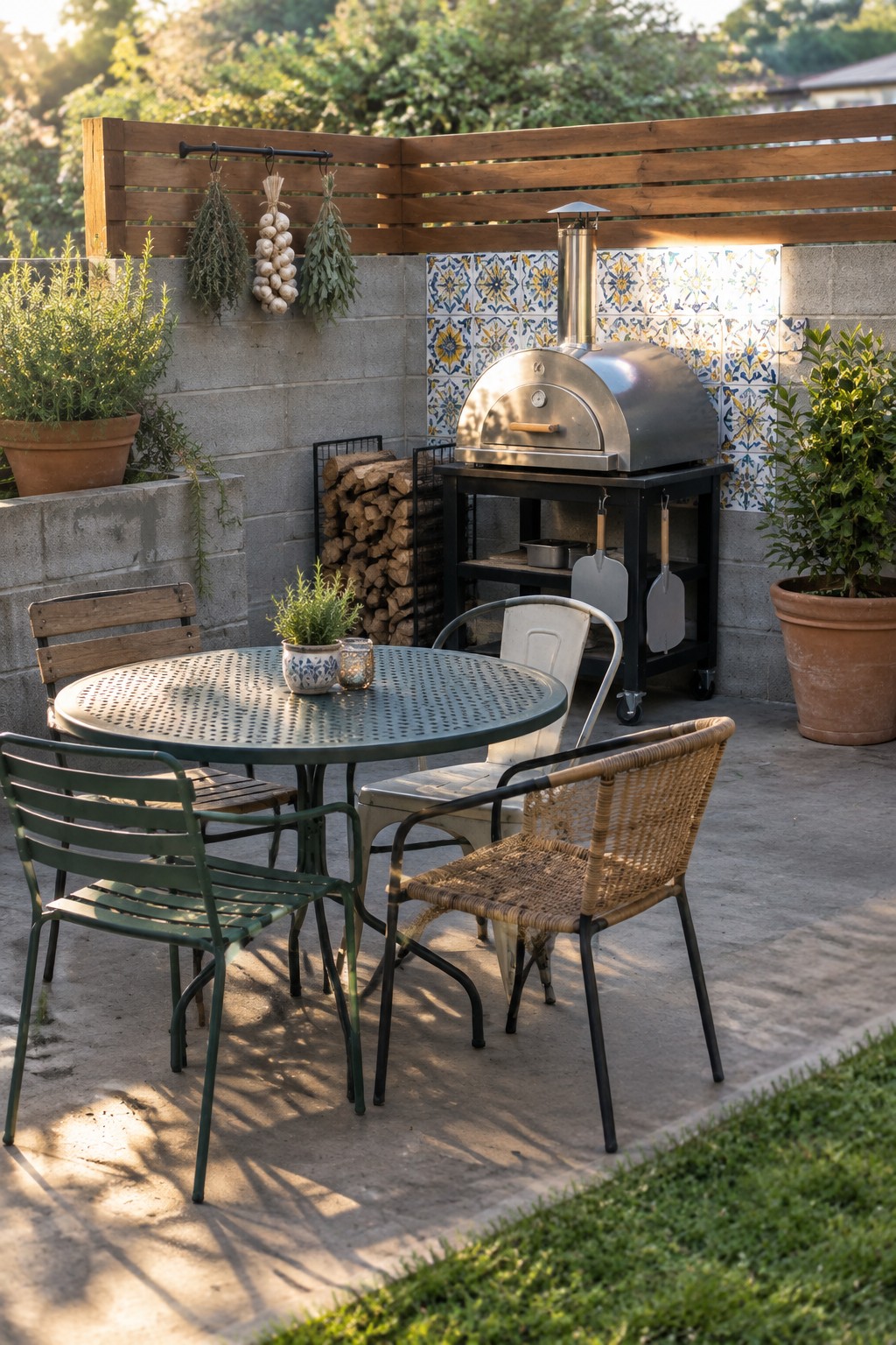 A backyard patio featuring a round green metal table with mixed chairs, a stainless steel pizza oven, potted plants, and a wooden horizontal slat screen mounted above a concrete block wall with hanging herbs.