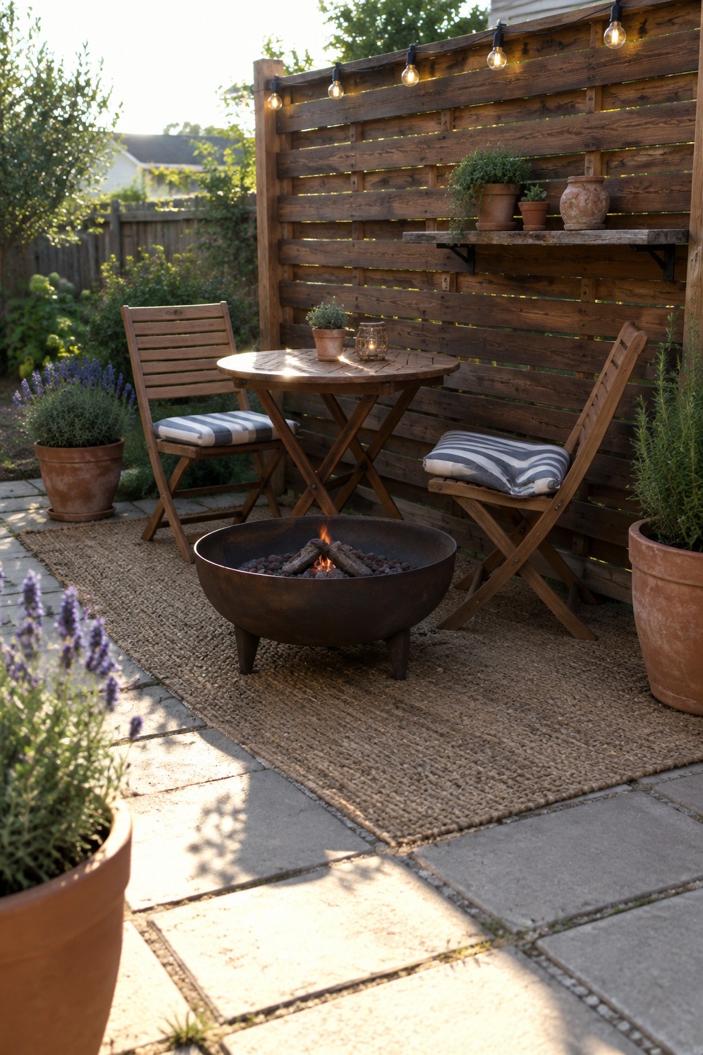 A backyard patio with a wooden horizontal slat privacy screen, two wooden chairs, a round table, a fire pit on a woven rug, and potted plants on a shelf.