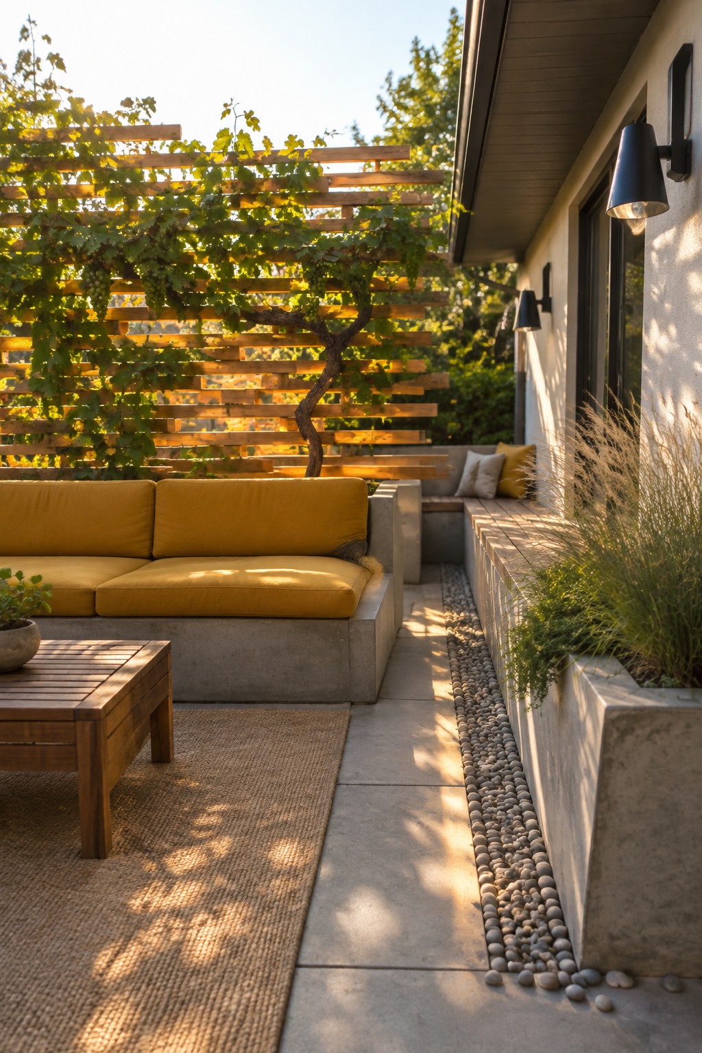 A backyard patio with a concrete sofa in mustard yellow cushions, a wooden horizontal slat screen covered in grapevines, and a gravel path beside a built-in bench along the house.