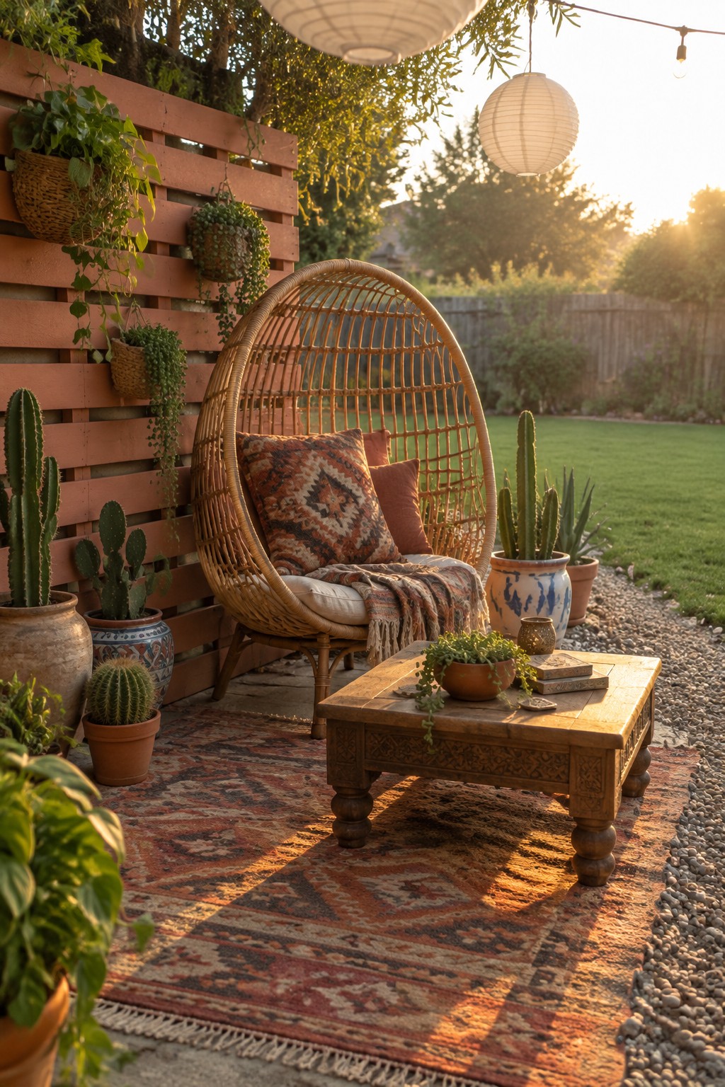 Cozy rattan egg chair with pillows beside carved wooden table on patterned rug