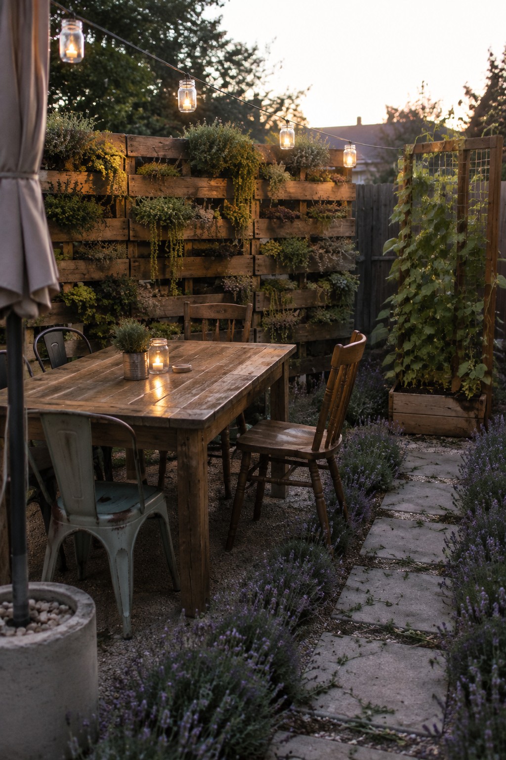 Wooden patio table with chairs, string lights in jars, and plant-covered fence at dusk