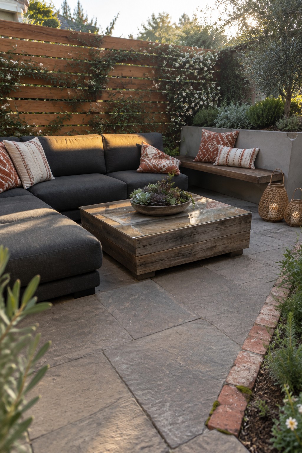 A backyard patio featuring a dark gray sectional sofa, wooden coffee table with a succulent bowl, and a horizontal wooden slat fence covered in white flowering vines.