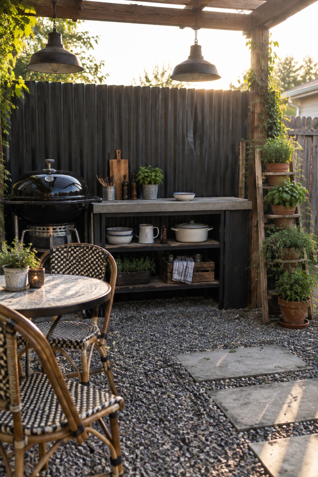 A backyard patio area with a black corrugated metal wall behind a concrete counter, grill, woven chairs around a round table, and potted plants on gravel.