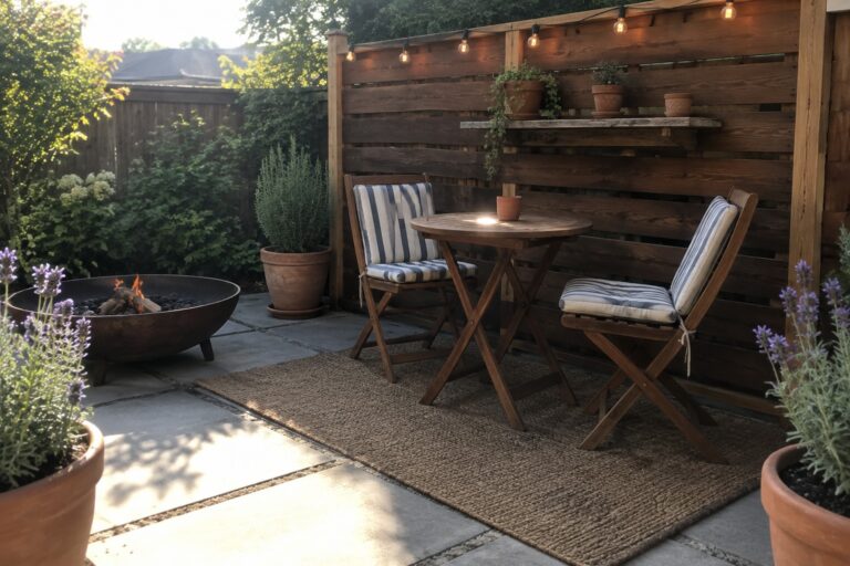 18 Practical Backyard Patio Ideas on a Budget Using DIY Privacy Screens A backyard patio with a wooden horizontal slat privacy screen, two wooden chairs, a round table, a fire pit on a woven rug, and potted plants on a shelf.