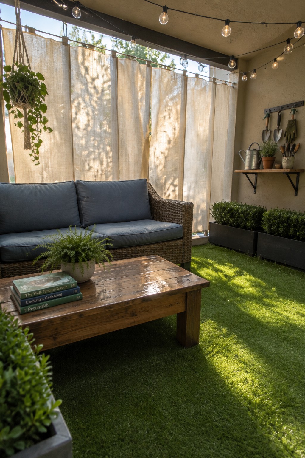 Cozy patio with wicker sofa, blue cushions, wooden table, string lights, and plants