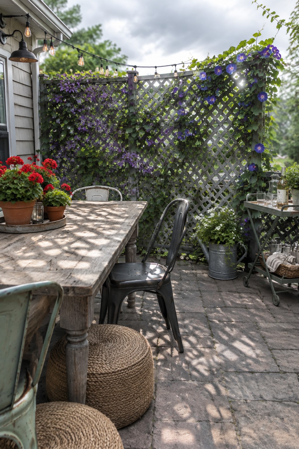 Rustic wooden table and metal chairs on brick patio with colorful flowers and string lights.