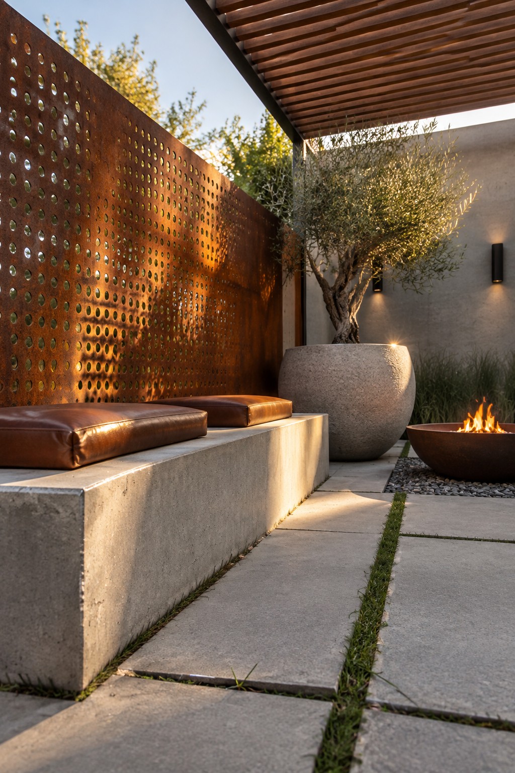 Modern courtyard with perforated rusted wall, leather bench cushions, olive tree, and fire pit