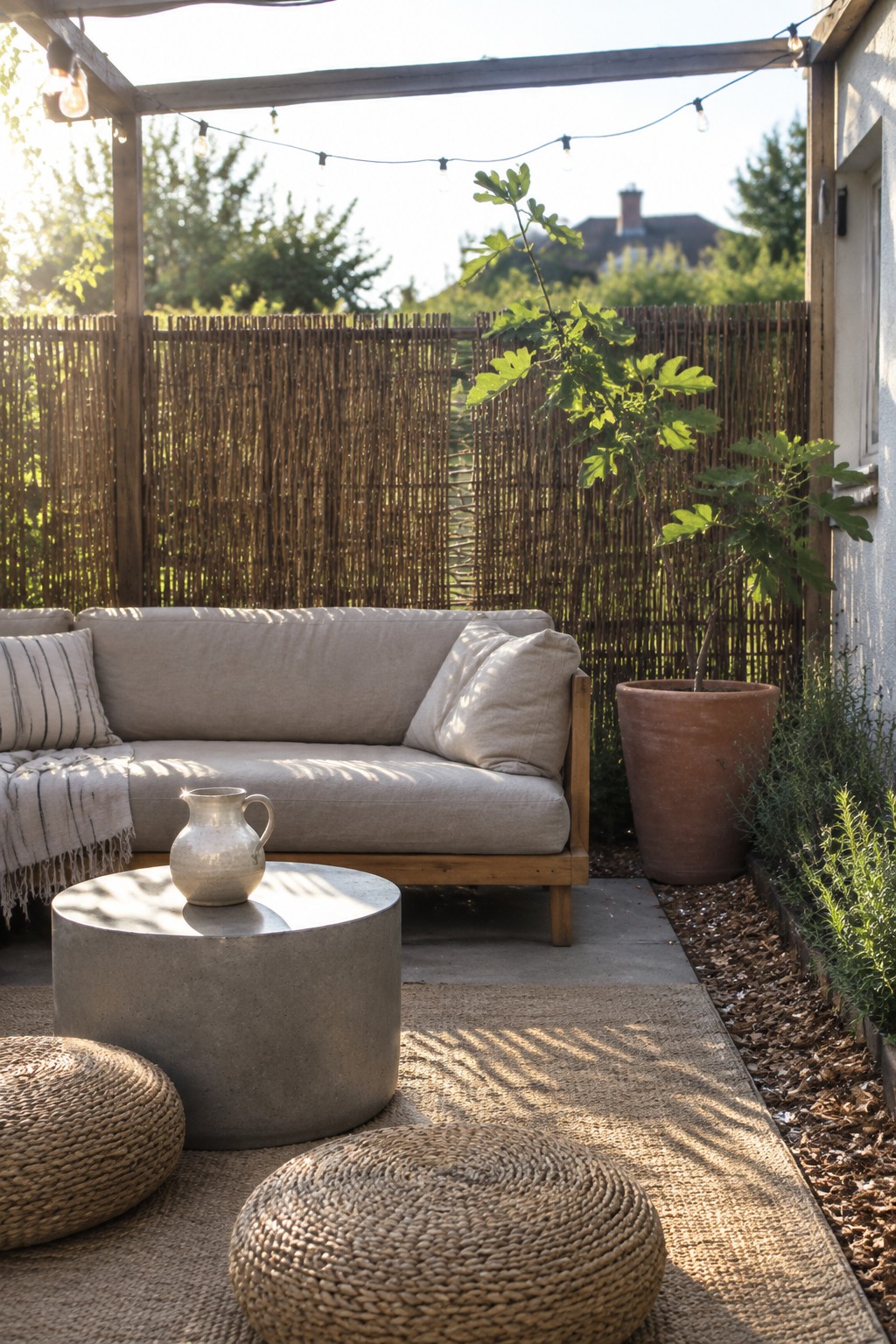 Outdoor patio with beige sofa, concrete table, woven poufs on jute rug