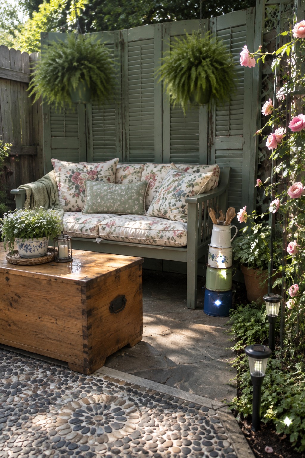 A wooden bench with floral cushions sits in front of a green shutter screen, with a wooden chest table in the foreground and hanging ferns above.