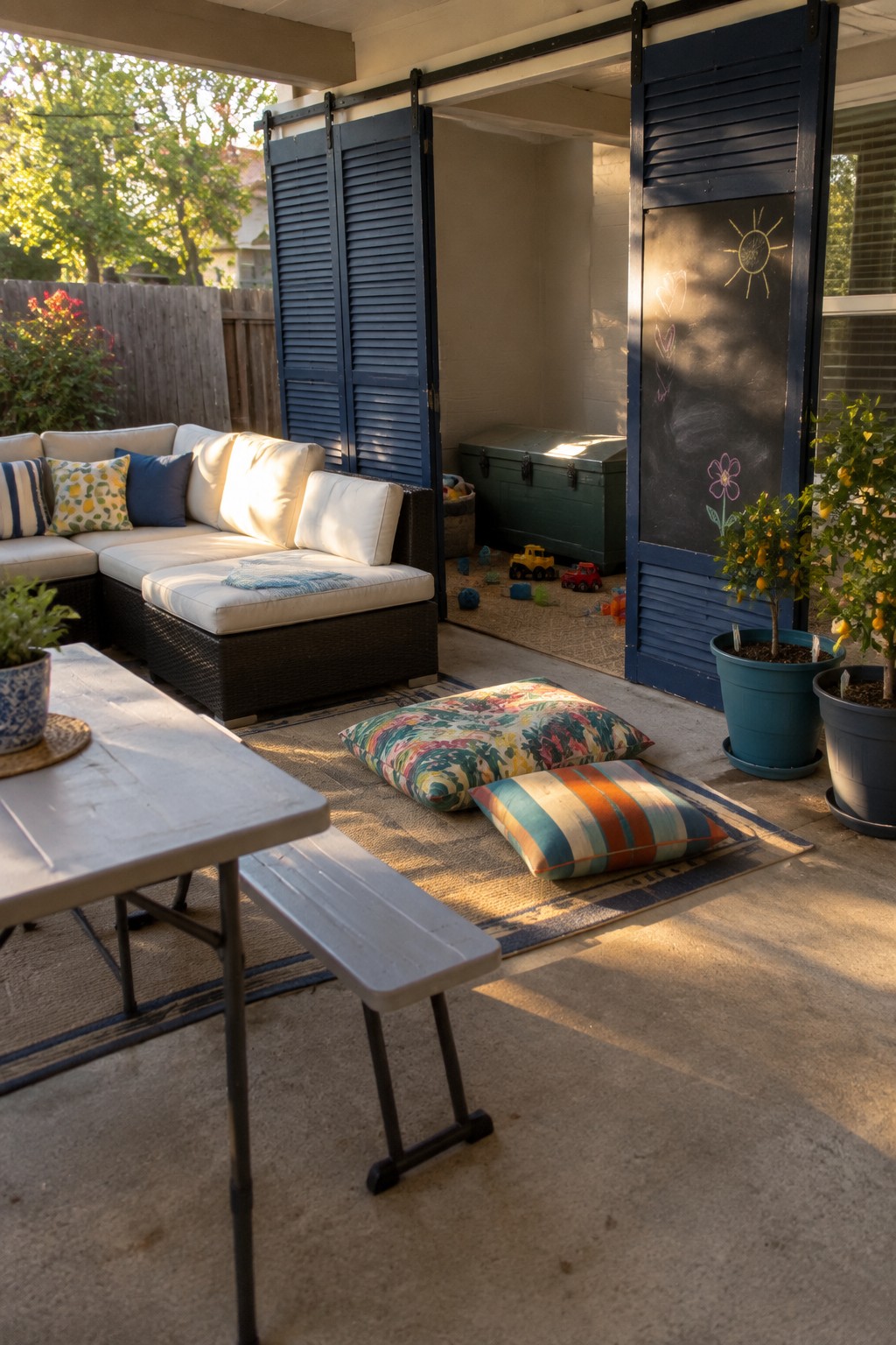 Outdoor patio with sectional sofa, colorful pillows on rug, chalkboard doors, picnic table.