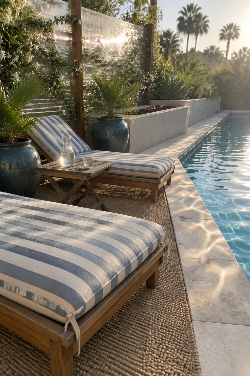 A backyard patio area with striped lounge chairs on a woven rug next to a pool, a translucent ribbed privacy screen with climbing plants, a large potted plant, and a concrete fire pit in view.