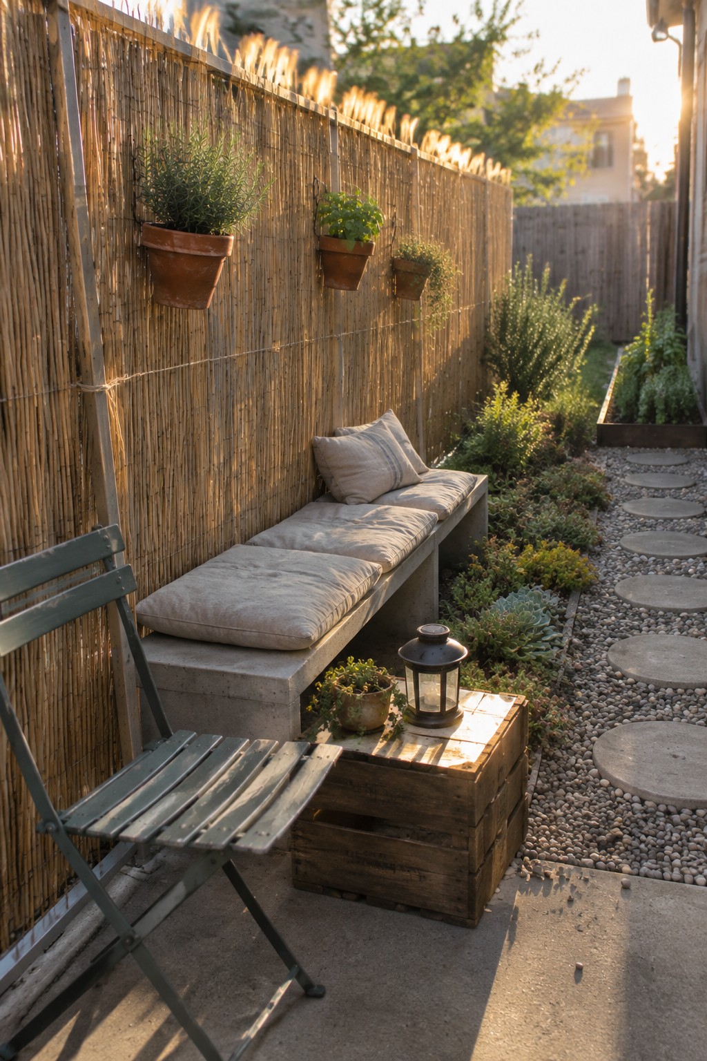 Cozy patio with concrete bench, green chair, wooden crate, lantern, and bamboo fence at sunset.