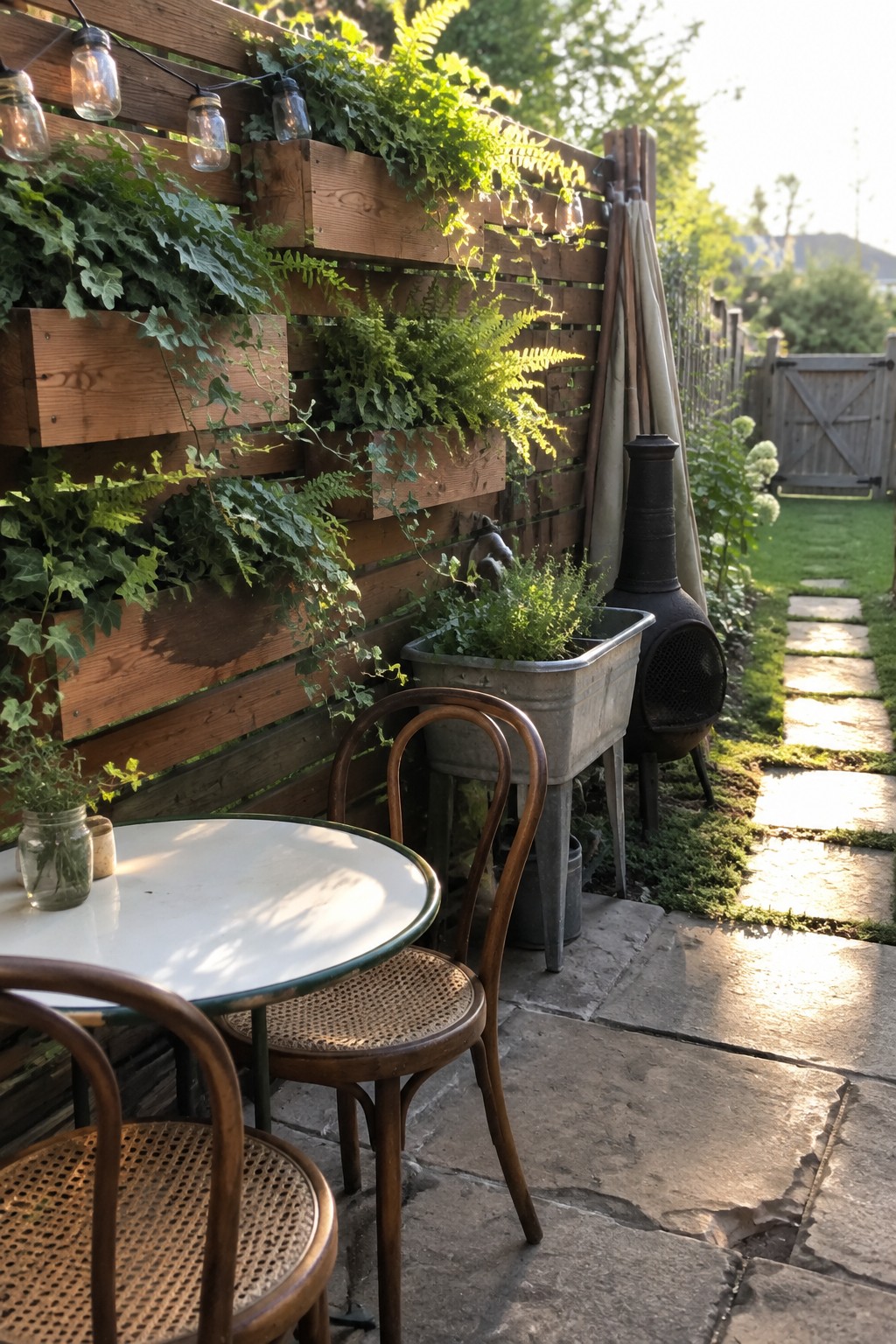 A wooden fence fitted with multiple mounted planter boxes filled with ferns and vines, next to a round patio table and chairs on stone pavers with a metal chiminea nearby.
