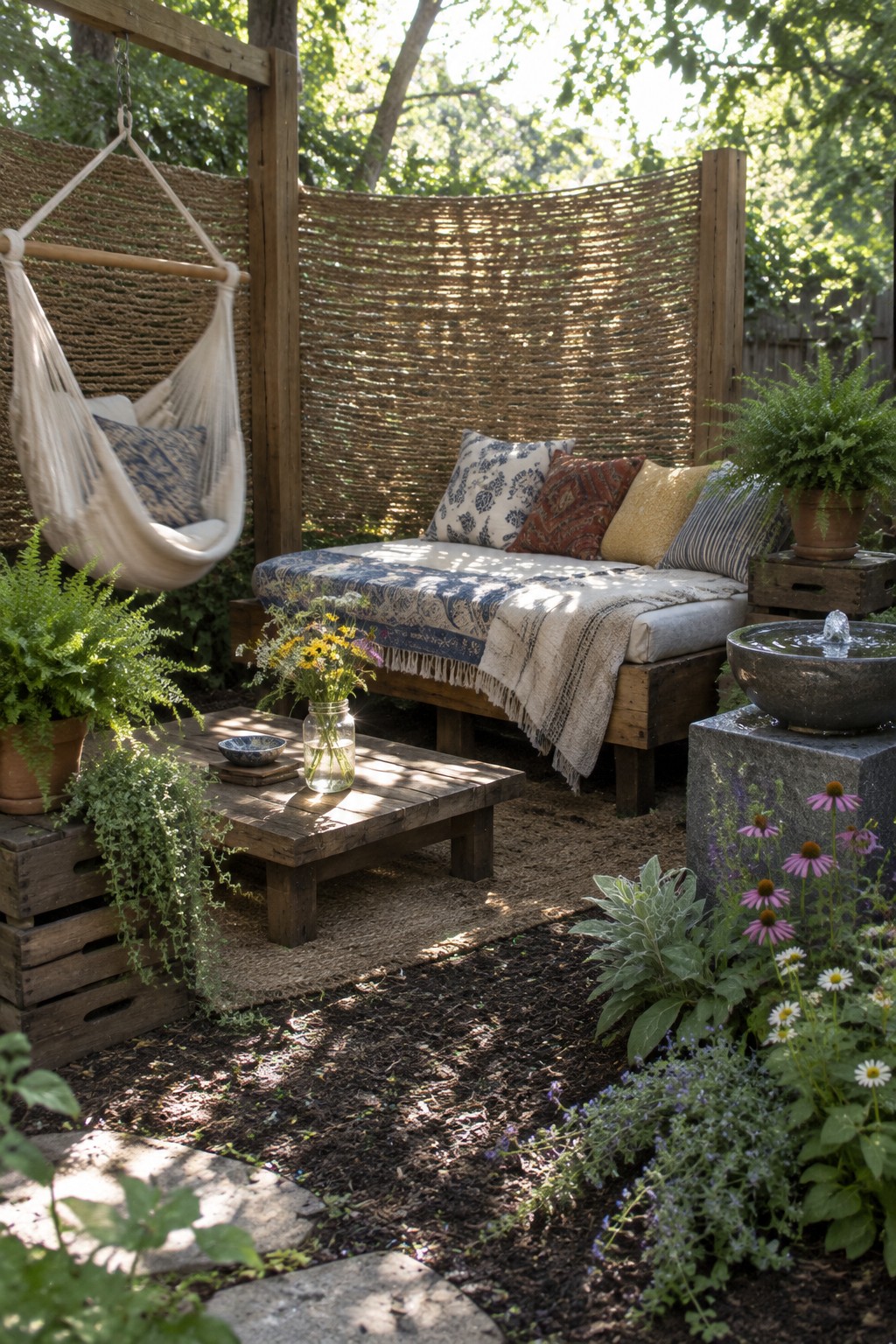 A backyard patio with a wooden daybed, hanging hammock, low table, potted plants, and tall woven reed privacy screens behind the seating.