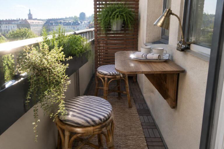 16 Small Patio Ideas for Apartments With Flexible, Space-Saving Setups A narrow apartment balcony with a wooden drop-down table mounted to the wall, two rattan stools with striped cushions, and a woven rug on the floor.