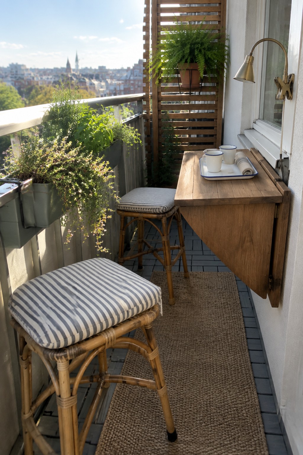 A narrow apartment balcony with a wooden drop-down table mounted to the wall, two rattan stools with striped cushions, and a woven rug on the floor.