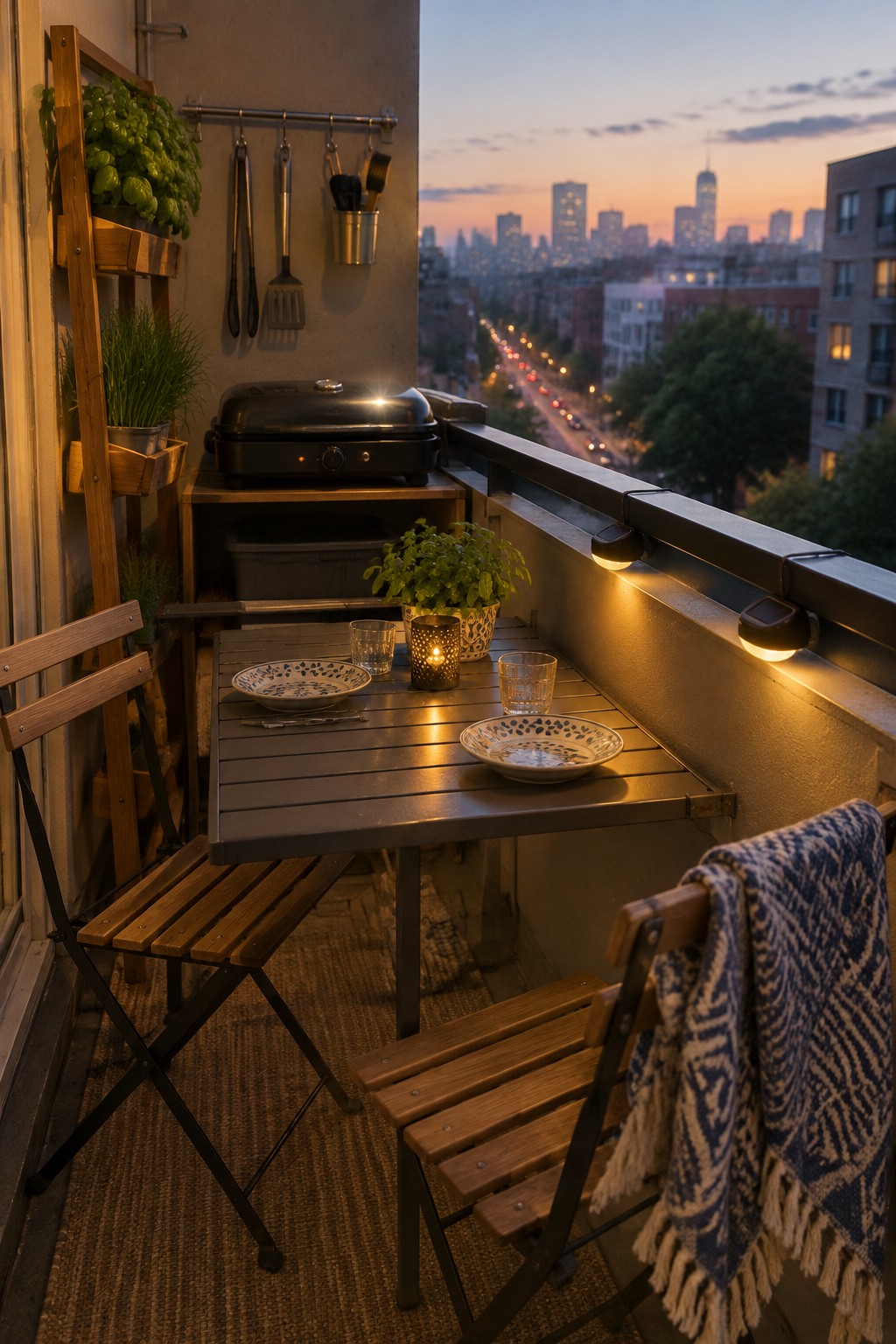 Cozy balcony with wooden table, chairs, grill, plants, candle, and glowing city skyline at dusk