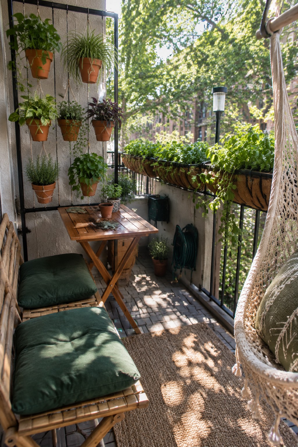 A compact apartment balcony features a black metal grid mounted on a concrete wall holding multiple hanging terracotta pots with various plants, a wooden folding table, a bamboo bench with green cushions, a hanging macrame chair, and a long planter along the railing.