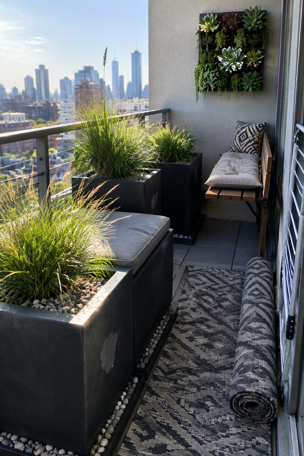 A narrow apartment balcony featuring black cube planters topped with gray cushions used as seating, a wooden bench with a pillow, a rolled patterned rug, and a vertical succulent wall garden.