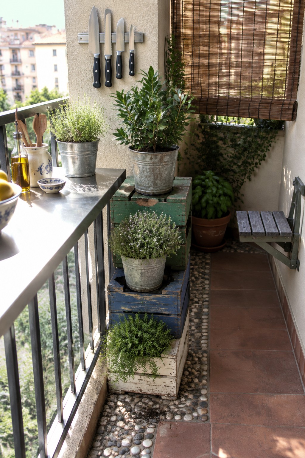 A narrow apartment balcony with stacked wooden crates holding potted plants, a metal work surface on the left, and a fold-down bench on the right.
