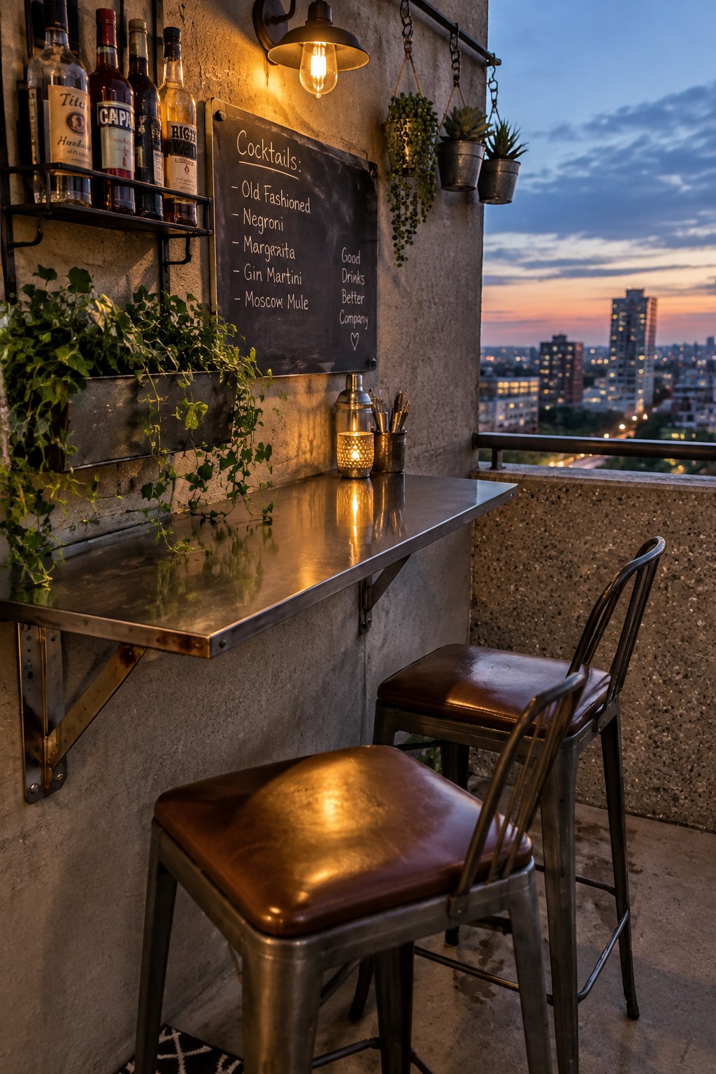 A narrow stainless steel bar counter mounted on a concrete balcony wall with two metal stools, a chalkboard cocktail menu, and hanging plants overlooking a city skyline at dusk.