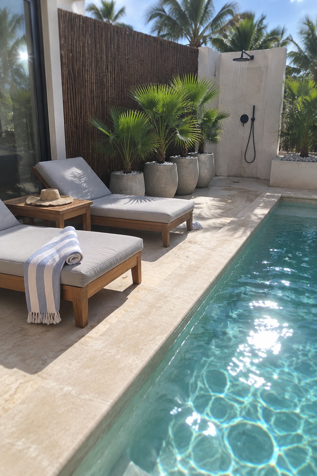 Sunny poolside with wooden lounge chairs, striped towel, potted palms, and outdoor shower