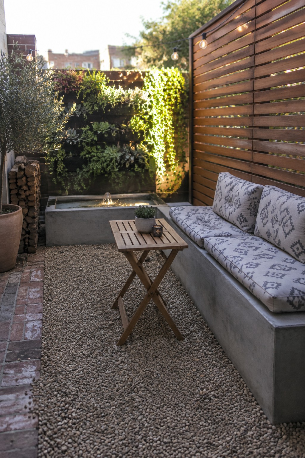 A small gravel patio with a concrete bench, patterned cushions, wooden folding table, and horizontal wood slat privacy screen beside a living wall and water feature.