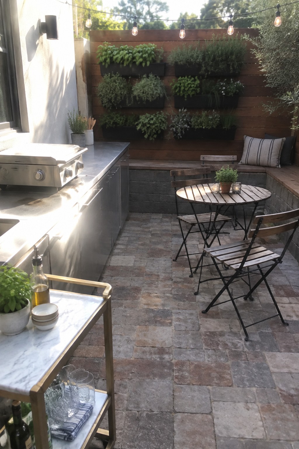 An outdoor patio featuring a stainless steel kitchen counter on the left, a round dining table with wooden chairs in the center, and a wooden privacy wall lined with multiple black vertical planters filled with green plants.
