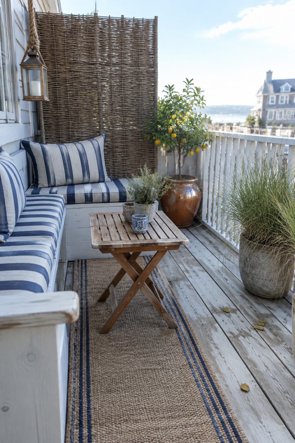 A small wooden deck with a built-in bench covered in blue and white striped cushions, a wooden folding table, potted plants, and a tall woven privacy screen against the house.