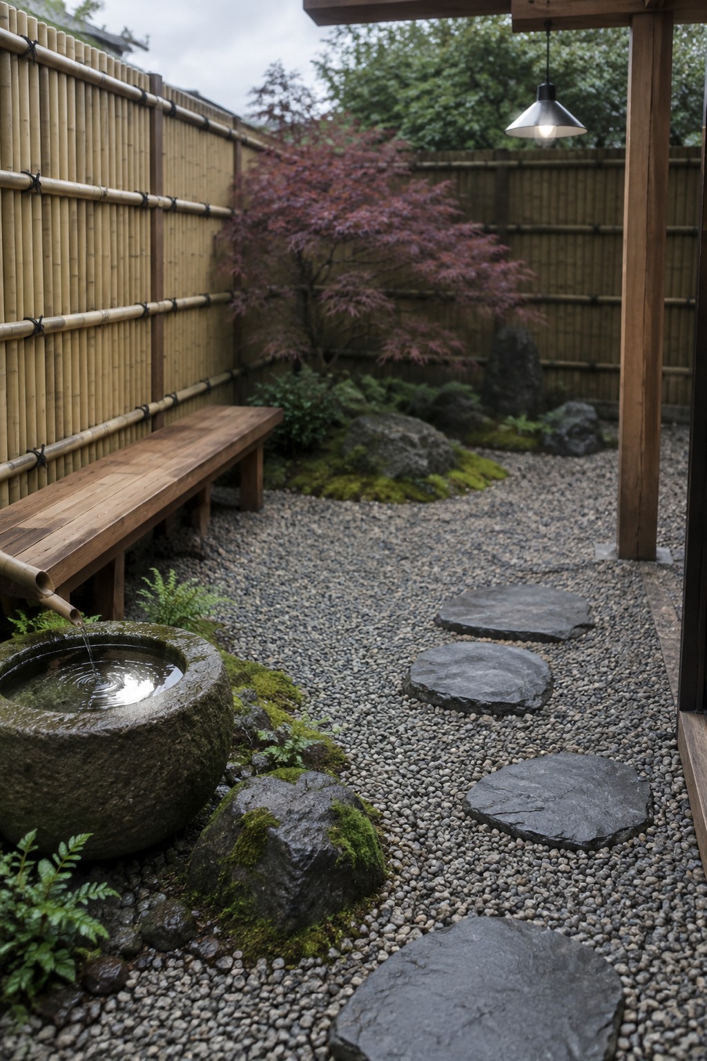 A small enclosed gravel courtyard with bamboo fencing, a wooden bench, stone water basin with running water, stepping stones, and a red-leafed tree.