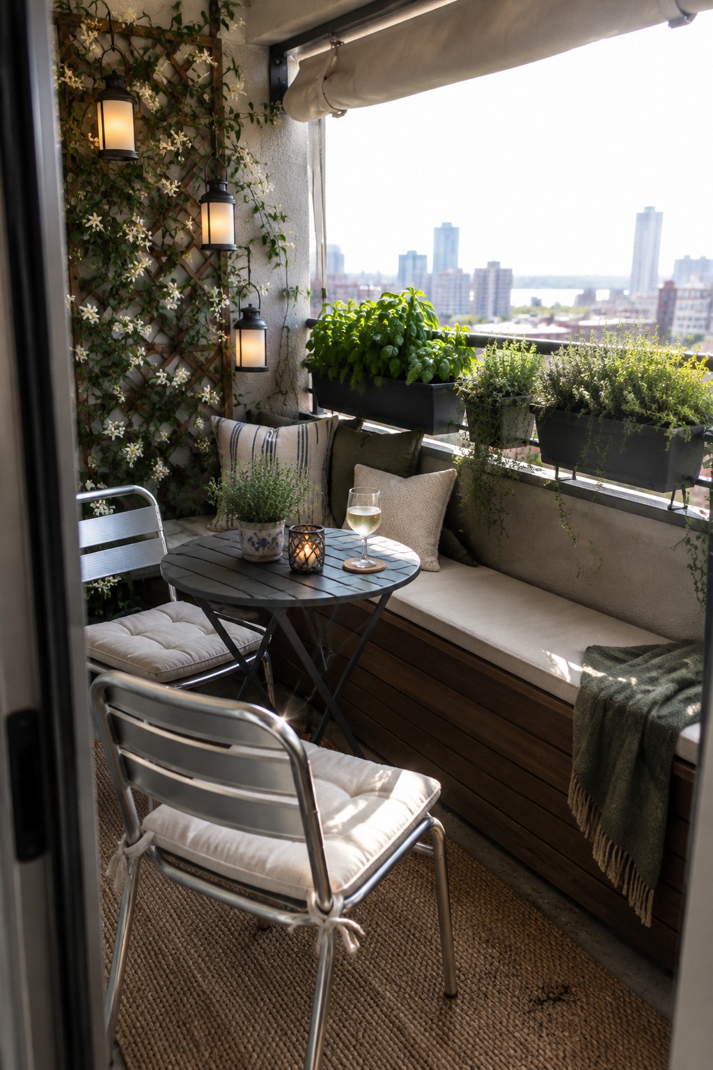 Cozy balcony with round table, wine glass, cushioned chairs, plants, and city view