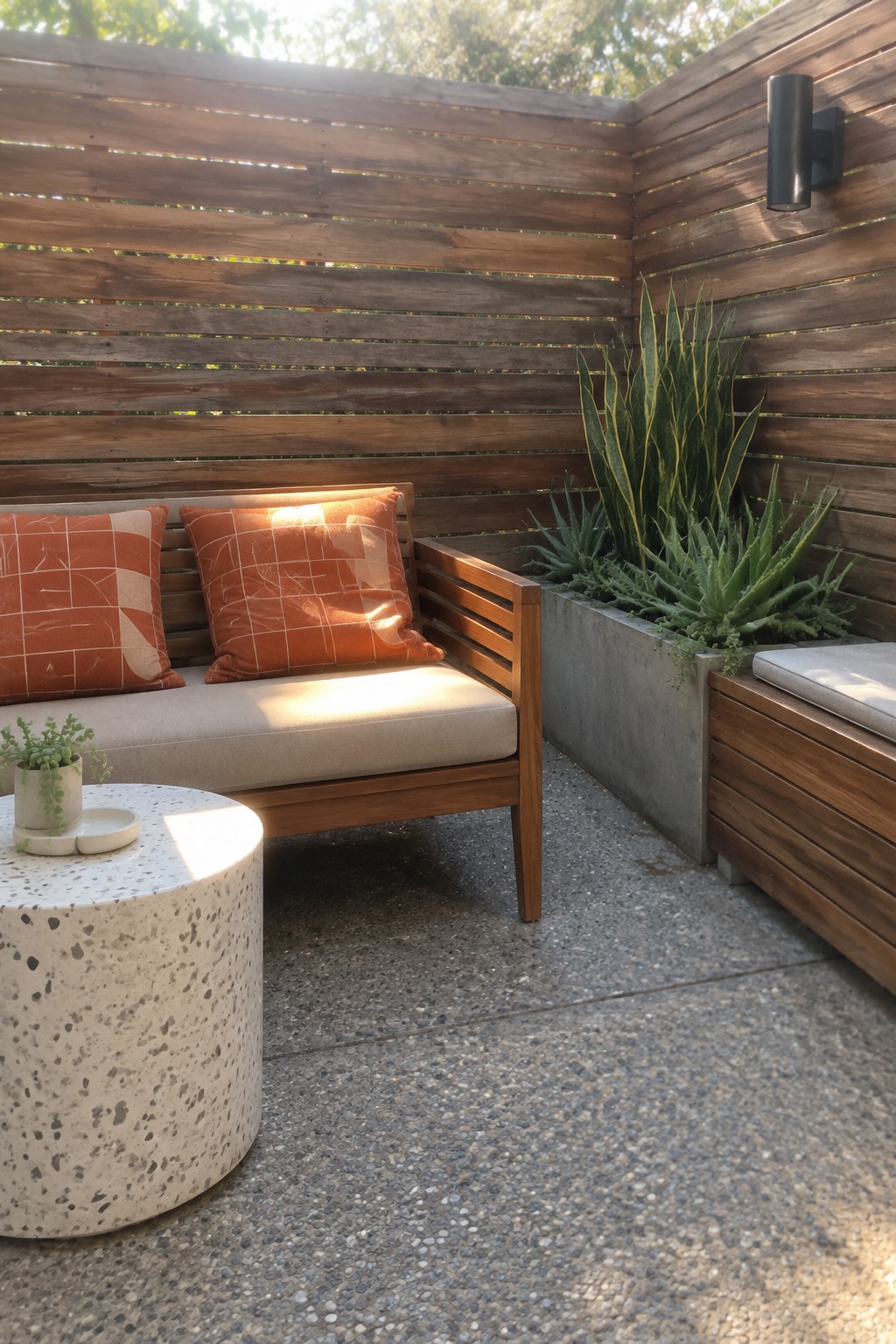 Modern wooden patio sofa with orange pillows beside concrete succulent planters and round table.