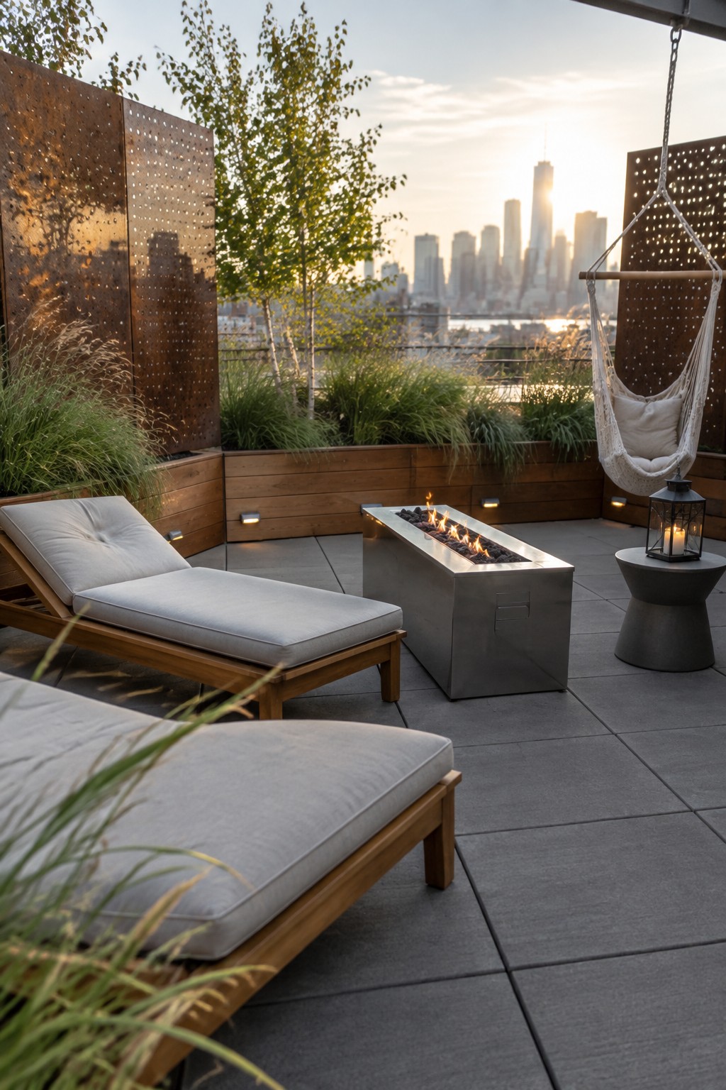 A modern rooftop patio features a rectangular metal fire pit surrounded by wooden lounge chairs, a hanging chair, tall planters with metal screens, and a city skyline at sunset.