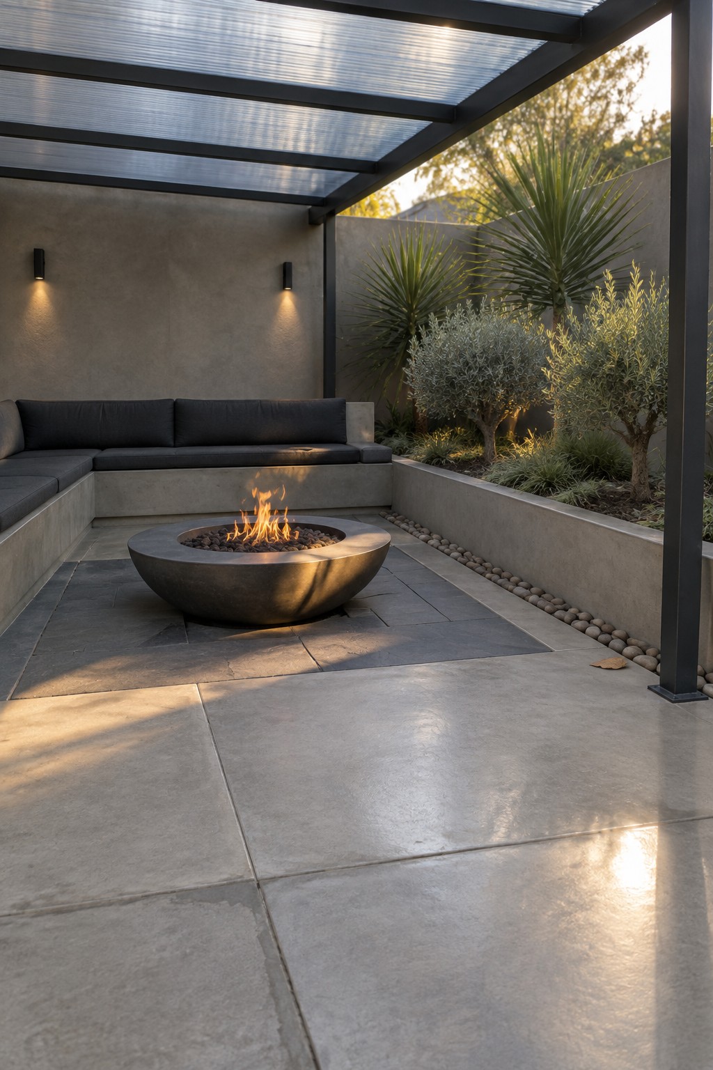 A covered patio with a round metal fire pit burning at the center, dark cushioned built-in seating along two walls, concrete tile floor, and a translucent roof overhead.