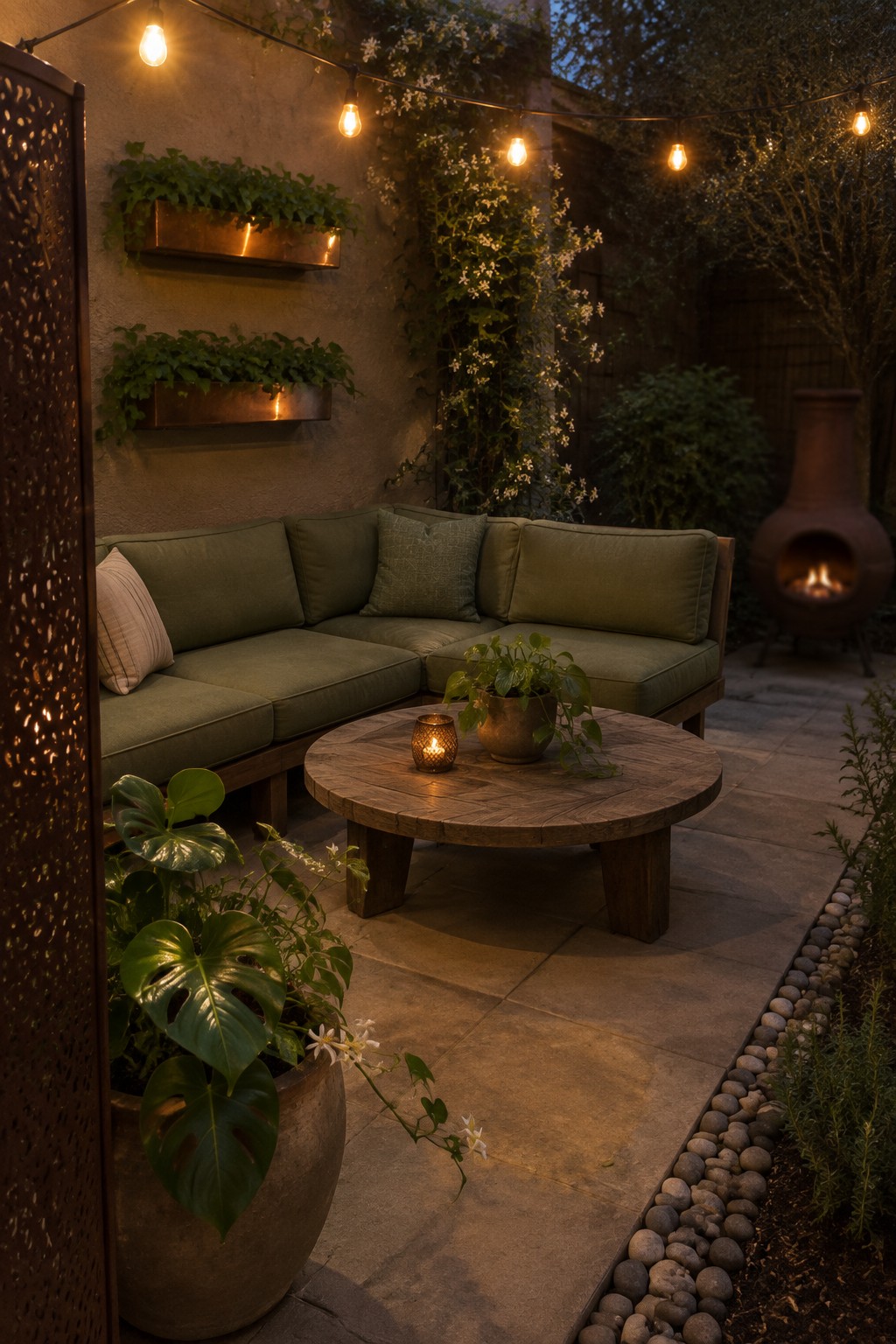 Cozy patio with green sectional sofa, round wooden table, string lights, and chiminea