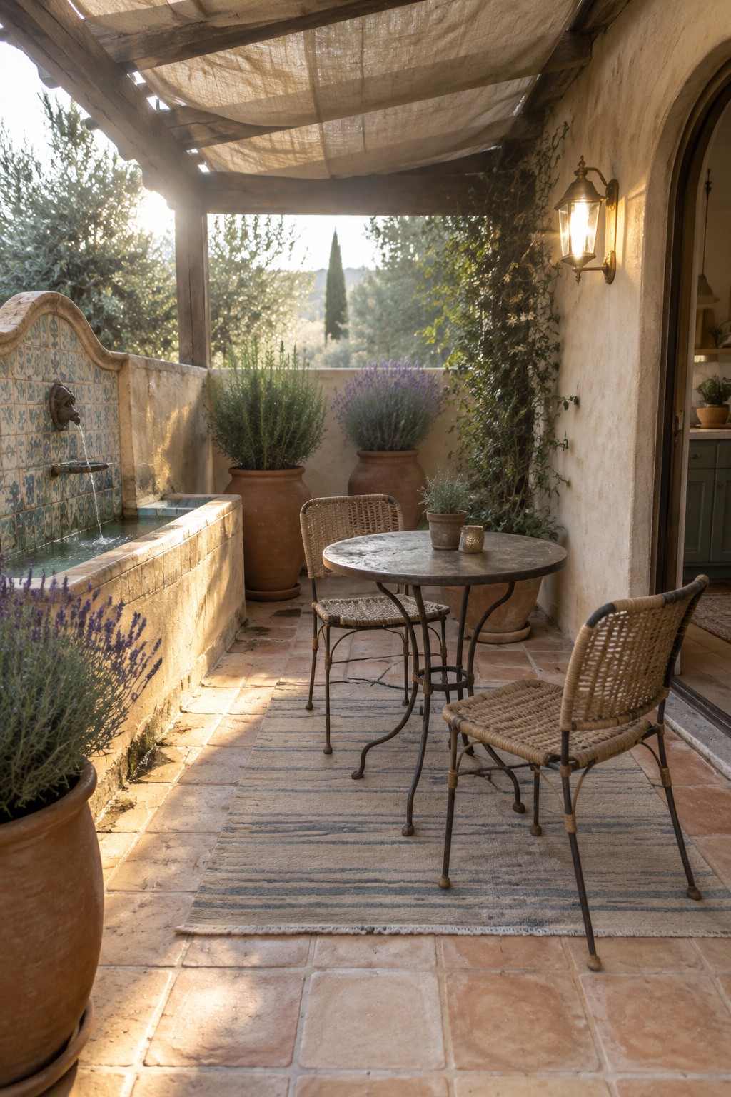 A small outdoor patio with a round table and wicker chairs on a striped rug, positioned near a tiled fountain and large terracotta pots under a fabric shade.