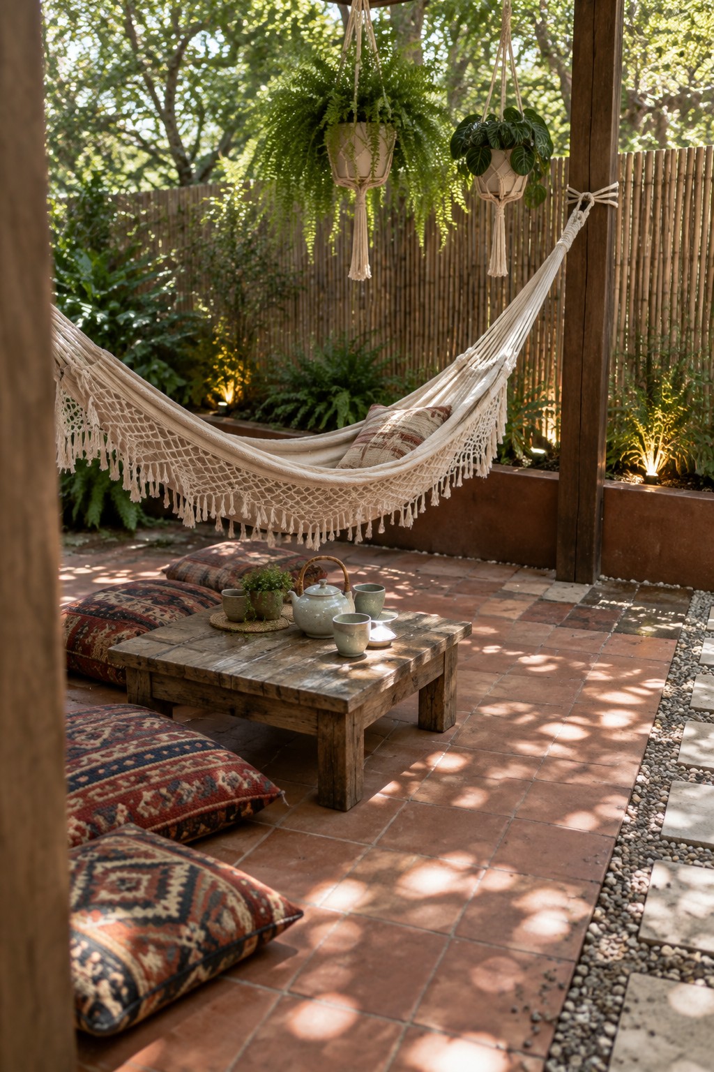 A cream-colored hammock hangs between posts above a low wooden table and patterned cushions on a brick patio, with hanging plants and a bamboo fence visible.